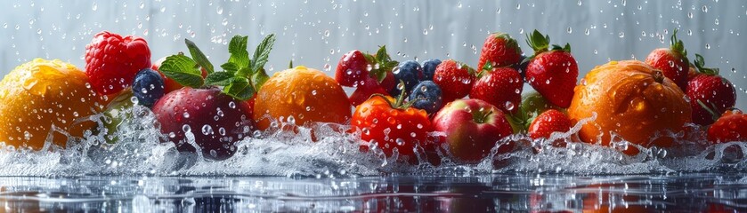 Fresh fruits splashing in water with vibrant colors.