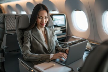 Businesswoman working on laptop in airplane cabin.