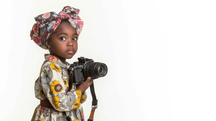 black girl dressed up as a Photographer isolated on white background 