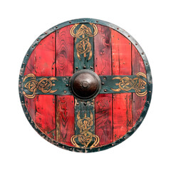 Red patterned Viking shield. Isolated on transparent background