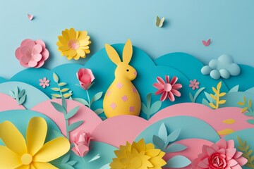 easter egg with colorful flowers, easter eggs and easter bunny, in the style of dark pink and light azure, elegant use of negative space, trompe l’oeil, poster, light yellow and sky-blue, vibrant sta