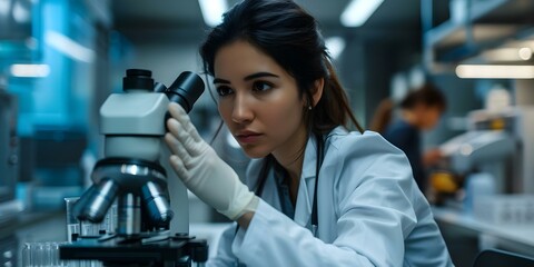 Fototapeta na wymiar A focused female scientist with dark hair and white lab coat uses a microscope in a modern lab. Concept Science, Microscopy, Female Scientist, Lab, Dark Hair