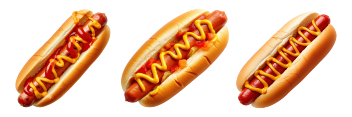 Set of hot dogs isolated on a white or transparent background. A set of buns cut lengthwise with a milk sausage inside with ketchup and mustard. Design element on the theme of fast food. Top view.