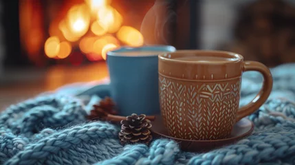 Foto op Plexiglas Two mugs for tea or coffee, woolen things near cozy fireplace, in country house, winter vacation, horizontal. © Matthew