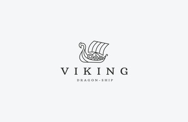 Viking dragon ship logo design template flat vector