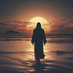 Jesus Christ silhouette with the sunset coast. - obrazy, fototapety, plakaty