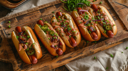 These hot dogs are artfully arranged on a rustic wooden serving tray, each placed diagonally to create a dynamic and inviting display