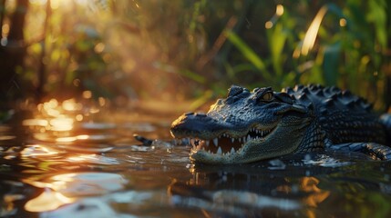 A detailed close-up of an alligator peering through the water, showcasing its textured hide and fearsome visage