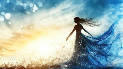 Goddess of fairy in magical blue dress walks on water, magical sea scene