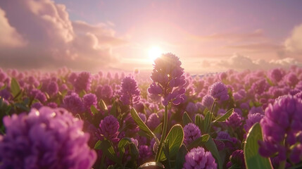 Field of wild flowers, mystical foggy morning
