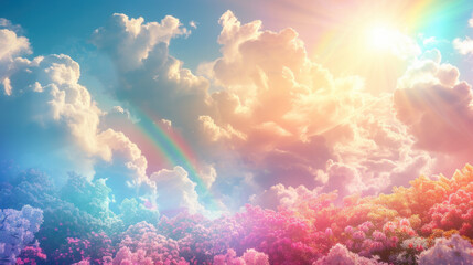 Fototapeta na wymiar A spectacular view of a rainbow and brilliant sun flare piercing through fluffy clouds above a lush, multicolored floral landscape