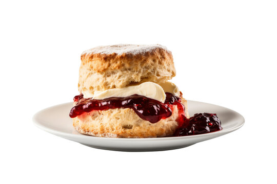 Scone with berry jam on plate isolated on transparent background.