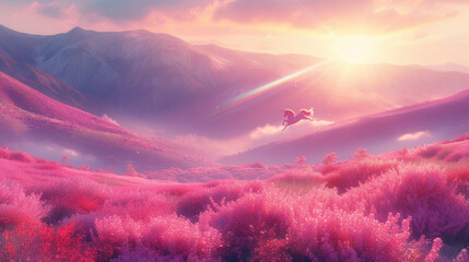 Unicorn flying in pink skies - obrazy, fototapety, plakaty