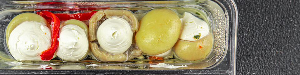 antipasti food mix olives, mozzarella, stuffed pepper, mushroom antipasto fresh tasty eating appetizer meal snack on the table copy space food background