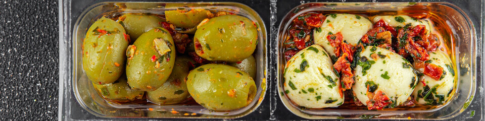 antipasti food mix olives, mozzarella, stuffed pepper, mushroom antipasto fresh tasty eating appetizer meal snack on the table copy space food background