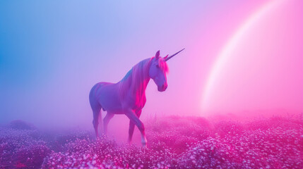 Magic unicorn in blossoming field, fairytale atmosphere