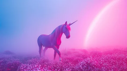 Foto op Canvas Magic unicorn in blossoming field, fairytale atmosphere © Kondor83