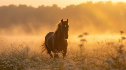 Beautiful horse running in summer field, misty sunrise, soft sunlight