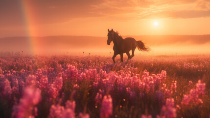 Beautiful horse running in summer field, sunrise light - obrazy, fototapety, plakaty