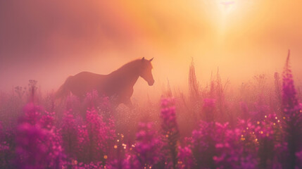 Beautiful horse running in summer meadow, pink sunrise light - obrazy, fototapety, plakaty