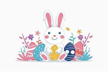 Colorful Easter Egg Basket Easter Sunday dinner. Happy easter Calvary bunny. 3d Festivity hare rabbit illustration. Cute thank you card festive card turquoise dream copy space wallpaper backdrop