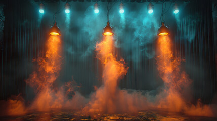 theater spot lights on black curtain with smoke.