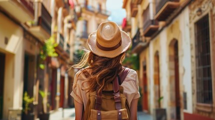 beautiful woman from behind with a hat and a backpack traveling on a beautiful street in high resolution and quality