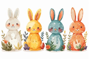 Obraz premium Colorful Easter Egg Basket Hunt. Happy easter Chicks bunny. 3d easter happiness hare rabbit illustration. Cute farmhouse easter basket festive card spring festival copy space wallpaper backdrop