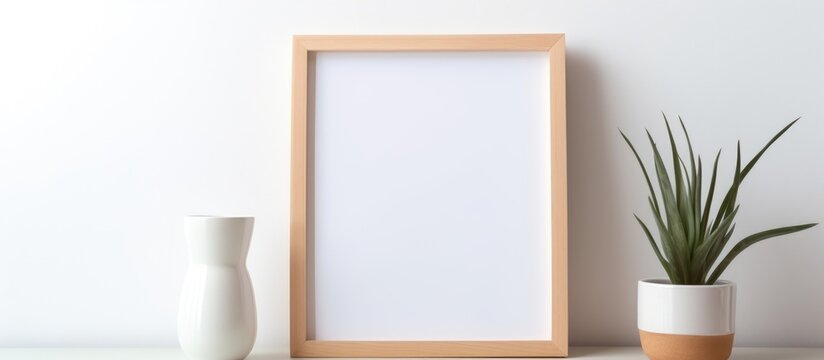 Wooden picture frame on a gray shelf Blank mockup template Vertical background