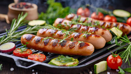 Grilling sausages with herbs and vegetables on grill plate. Tasty BBQ food.