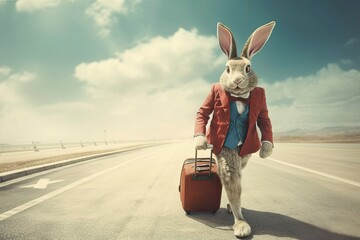 Easter bunny man traveling with suitcase on airport - obrazy, fototapety, plakaty