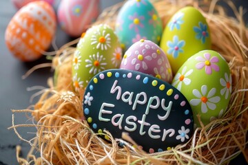 Colorful Easter Egg Basket Good Friday. Happy easter tender bunny. 3d celadon green hare rabbit illustration. Cute illustration workshop festive card jesus christ copy space wallpaper backdrop
