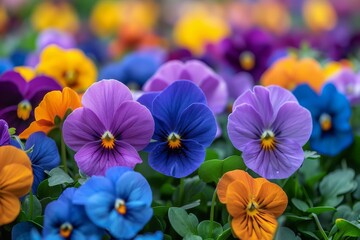 Multicolored pansy flowers pack a close-up view with a depth field effect, showcasing nature’s stunning variety in flora
