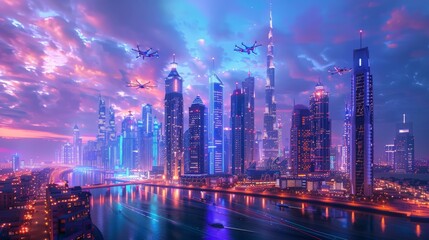 Obraz premium An expansive cityscape during twilight is captured with a glow, featuring flying drones and a prominent skyline