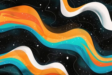 Vibrant orange teal white psychedelic grainy gradient color flow wave on black background - obrazy, fototapety, plakaty