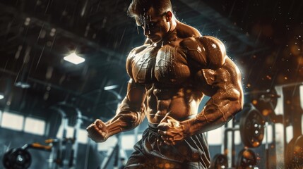 Fototapeta na wymiar A bodybuilder lifting heavy weights in a gym, veins bulging and muscles glistening with sweat, showcasing strength and determination.