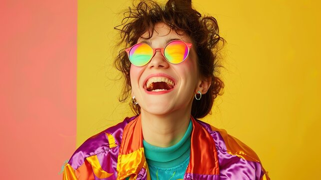 Surrealistic depiction of a young happy woman laughing in vibrant 80s fashion against a solid colored background, real photo, stock photography ai generated high quality image