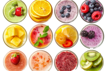 The top view shows a variety of fresh fruit smoothies isolated on a white background.