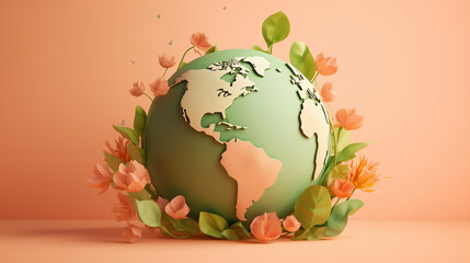 Earth day. 3D earth model and flowers on a tender peach color background. Green planet creative concept. Empty copy space for text