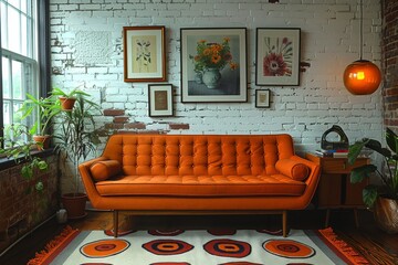 An inviting vintage orange sofa is the centerpiece in a rustic loft featuring exposed brickwork and eclectic decor