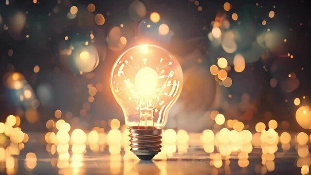 Great innovation and inspiration, creativity with light bulbs that shine glitter on table, new ideas with innovative technology and creativity, business, education, technology.