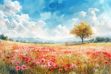 An idyllic watercolor landscape featuring a tranquil field full of red and pink spring flowers 