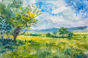 landscape with flowers and trees, Artistic watercolor landscape of a tranquil nature scene, showcasing  a field of blooming flowers