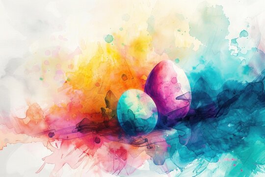 Colorful Easter eggs with abstract patterns, signifying a joyful holiday celebration. Colorful watercolor background with easter eggs ideal for easter greeting card with copy space 