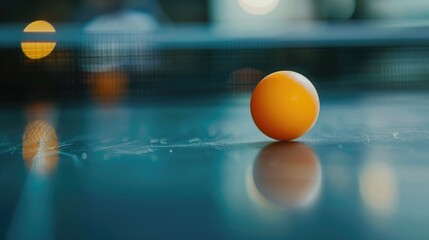 A close-up of a table tennis ball bouncing on the table. - obrazy, fototapety, plakaty