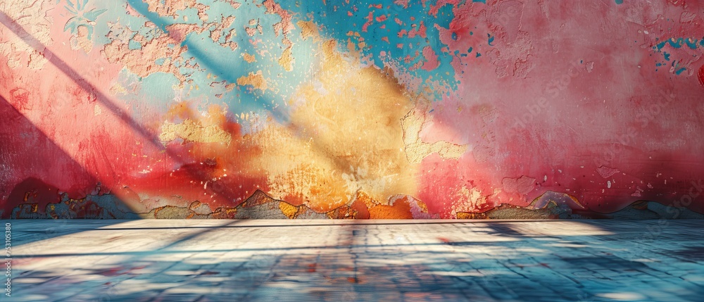 Fototapete an empty colorful wall background with a hard falling shadow. 3d rendering of the wall.