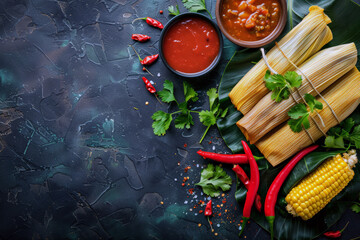 Mexican  tamales of corn leaves with chili and sauces  on a dark backdrop. Mexican traditional food banner with top view and a big space for text or product. - obrazy, fototapety, plakaty