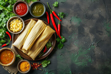 Mexican  tamales of corn leaves with chili and sauces  on a dark backdrop. Mexican traditional food banner with top view and a big space for text or product. - obrazy, fototapety, plakaty
