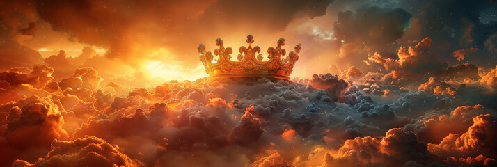 a crown is on top of clouds at sunset or sunrise, banner