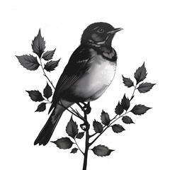 Nature-Inspired Black and White Bird with Leaves Clip Art